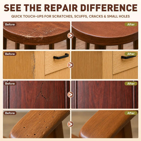 Before and after images showcasing the 24 Wood Filler Sticks And Furniture Repair Wax Crayons effectiveness on scratches and scuffs.