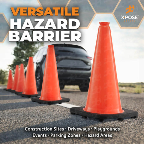 18 Inch Orange Traffic Cones 4 Pack Heavy Duty PVC Safety Cones For Parking Lots Soccer Practice Caution For Kids Construction DOT Approved Durable And Highly Visible arranged in a row on pavement