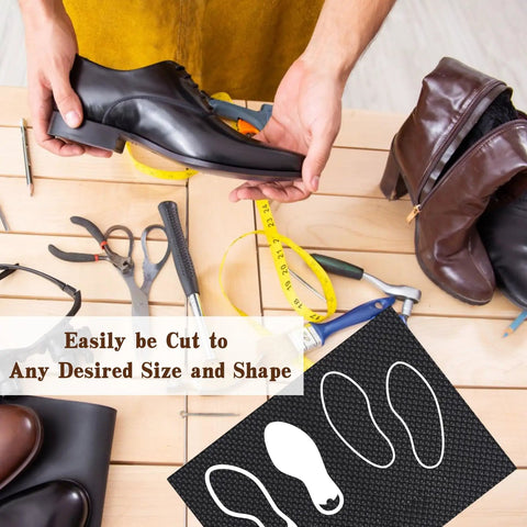 Five Millimeter Thick Shoe Rubber Sheet With Grippy Non Slip Diamond Pattern Replacement Soles For Boots Flexible Diy Shoe Making Material Non Slip Soling Rubber 15 By 11 Inches shown with tools and shoes