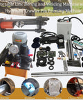 No Bull Heavy Duty 110 Volt Portable Line Boring And Welding Machine Kit With Crawler Pin Dismantler And 100 Ton Hydraulic Track Pin Press For Excavator Chain Fixes components displayed with welding and boring tools.