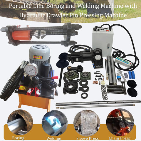 No Bull Heavy Duty 110 Volt Portable Line Boring And Welding Machine Kit With Crawler Pin Dismantler And 100 Ton Hydraulic Track Pin Press For Excavator Chain Fixes components displayed with welding and boring tools.