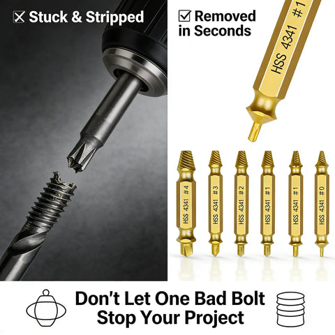 Damaged Screw Extractor Set Pack Of 6 With Gold Titanium Coated HSS 4341 Drill Bit Remover Kit, shows double head design in use