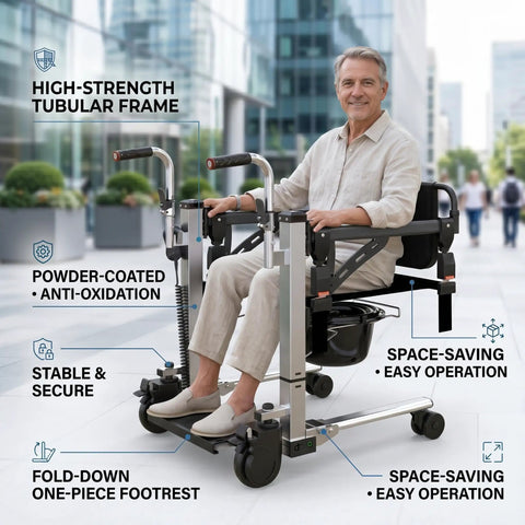 Super Solid Electric Patient Lift With Heavy Duty Stainless Steel Frame Smooth Power Transfer For Seniors Features foldable seat and backrest viewed outdoors.