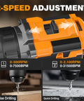 Close-up of Go-To 20V Max Cordless Hammer Drill showing 2-speed adjustment and drilling into wood and concrete.