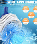 All Weather Navy Pool Cover Pump With Lights, Submersible Sump Pump For Above Ground Pools, 850 GPH, with water and specs display