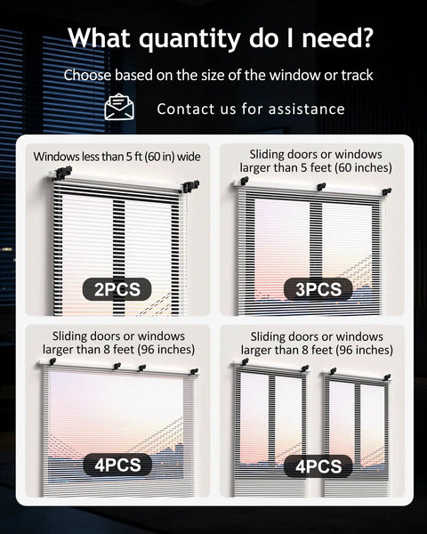 Window size guide for No Drill Curtain Rod Brackets for Outside Mount Blinds, Tool-Free Setup, No Wall Damage, 2, 3, 4 pack options.