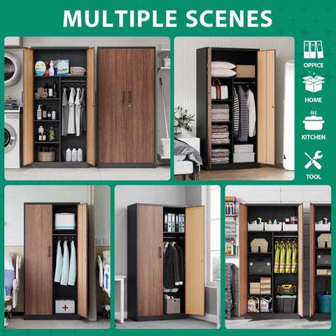 72 Inch Steel Locker Cabinet With Locking Doors For Office Home School Gym Hotel And More Wood Grain Finish Boss Level Heavy Duty Metal Storage Cabinet 72 x 36 x 18 Inches Moisture Proof Rust Resistant shown in various settings