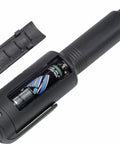 Side view of black 8-in-1 brake fluid tester with battery visible and detached cap beside