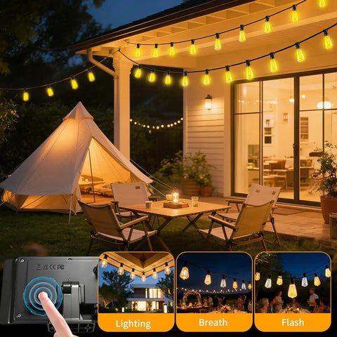 Outdoor Solar String Lights 50 Feet ST38 Shatterproof Bulbs Copper Wire Waterproof Patio Garden Lighting hanging on patio at night