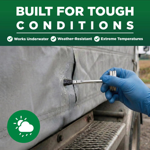Applying industrial grade heavy duty vinyl adhesive for PVC and vinyl repairs on a tarp with a brush under tough conditions.