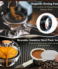 Magnetic dosing funnel and reusable stainless steel puck screen from Premium Eight Piece Espresso Accessories Kit With 58Mm Tamper And Pro Distributor For Breville Gaggia Machines Making Legit Shots All Day Fly Barista Gear That Truly Slaps.