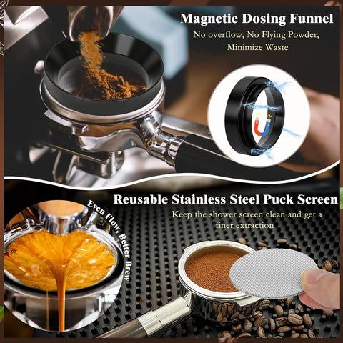 Magnetic dosing funnel and reusable stainless steel puck screen from Premium Eight Piece Espresso Accessories Kit With 58Mm Tamper And Pro Distributor For Breville Gaggia Machines Making Legit Shots All Day Fly Barista Gear That Truly Slaps.