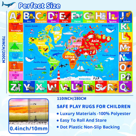 Interactive World Map Kids Rug for Playroom and Classroom 110 By 78.7 Inches Educational Geography Carpet With Continents Oceans Landmarks Animals Cultures Kid Friendly Fluffy Polyester Non Slip Preschool Mat for Nursery and Primary School featuring colorful continents, oceans, and animals with alphabet border.