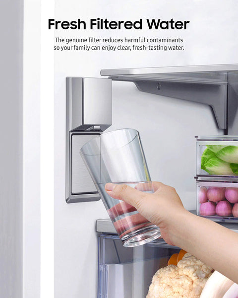 Hand filling glass with water using 2 Pack Refrigerator Water Filter DA29-00003G Carbon Block inside fridge