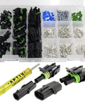 Heavy Duty Weather Pack Connector Kit With Male And Female Quick Disconnect Terminals For 10 To 20 Gauge Wiring And 20 Amp Circuits Including Color Coded Sealer Caps And Durable Housing Towers For Reliable Car Audio Or Engine Wiring Jobs in organizer case