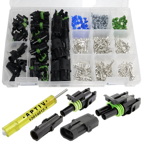 Heavy Duty Weather Pack Connector Kit With Male And Female Quick Disconnect Terminals For 10 To 20 Gauge Wiring And 20 Amp Circuits Including Color Coded Sealer Caps And Durable Housing Towers For Reliable Car Audio Or Engine Wiring Jobs in organizer case
