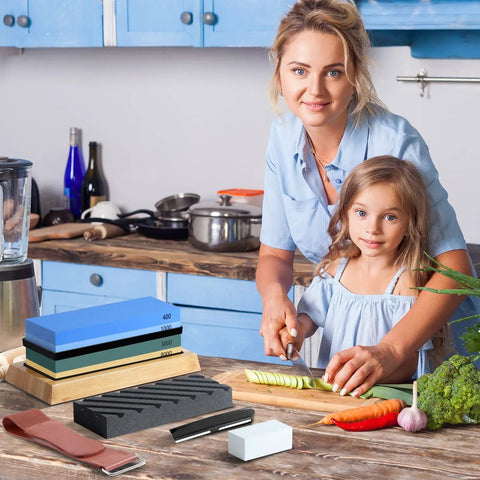 Four Sided Whetstone Knife Sharpener Set With 400 1000 And 3000 8000 Grits on kitchen counter with mother and daughter cooking