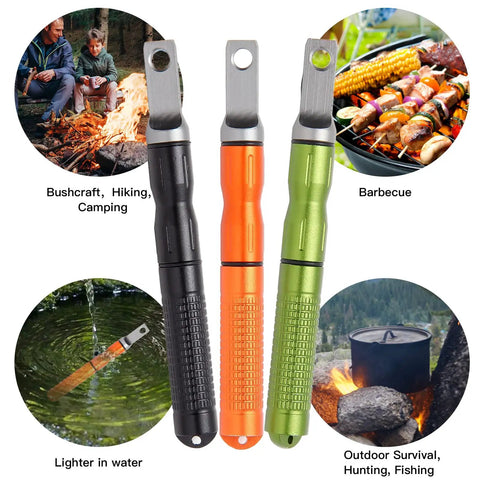 Three Pack Ferro Rod Fire Starters With Scraper Striker for EDC, Camping, Hiking, Bushcraft, Emergency Kits; black, orange, green rods