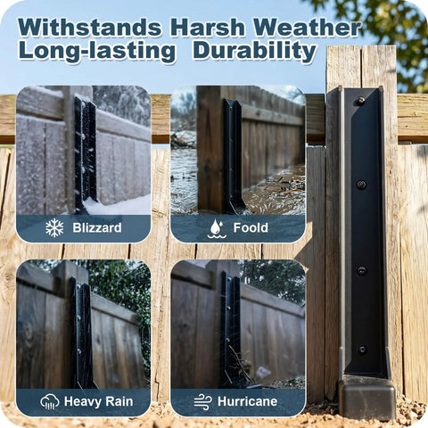 4 Pack Heavy Duty Fence Post Repair Stakes Tough Steel Anchors to Straighten Broken or Leaning Wood Fences Fast No Dig Setup in harsh weather