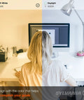 Comparison of 2700K soft white and 5000K daylight lighting on a workspace with a woman at a computer.