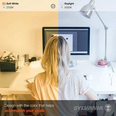 Comparison of 2700K soft white and 5000K daylight lighting on a workspace with a woman at a computer.