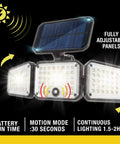 Image of Bionic Motion Sensing Solar Powered LED Black Flood Light with adjustable panels, showing 3-panel design and solar charging feature.