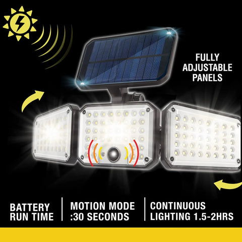 Image of Bionic Motion Sensing Solar Powered LED Black Flood Light with adjustable panels, showing 3-panel design and solar charging feature.