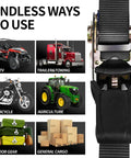 Heavy Duty Ratchet Tie Down Straps One Inch By Fifteen Feet shown securing diverse loads like motorcycles, ATVs, and cargo.