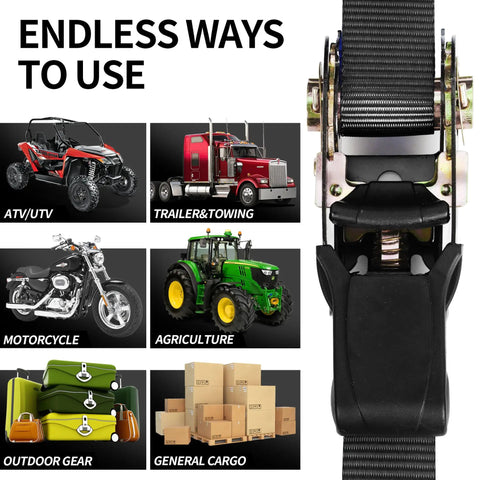 Heavy Duty Ratchet Tie Down Straps One Inch By Fifteen Feet shown securing diverse loads like motorcycles, ATVs, and cargo.