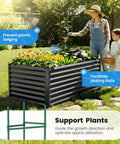 Galvanized Raised Garden Bed 6x3x2 Ft Extra Tall 22.4 Inches Deep Planter Box Bottomless for Backyard Outdoor Veggie Growing Includes 1 Tomato Cage Durable Metal Frame for Vegetables and Flowers in a garden setting with flowers and plants, woman and child tending.