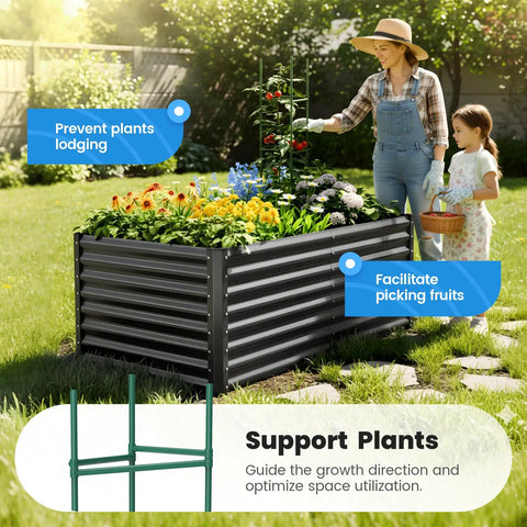 Galvanized Raised Garden Bed 6x3x2 Ft Extra Tall 22.4 Inches Deep Planter Box Bottomless for Backyard Outdoor Veggie Growing Includes 1 Tomato Cage Durable Metal Frame for Vegetables and Flowers in a garden setting with flowers and plants, woman and child tending.