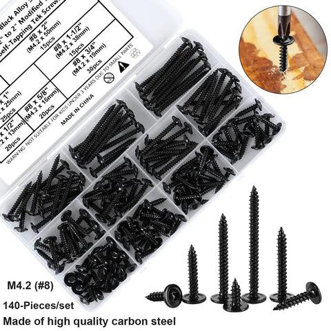 140 Piece Black Wafer Head Wood Screws And Deck Screw Assortment Kit displaying various black self tapping fasteners of different sizes.