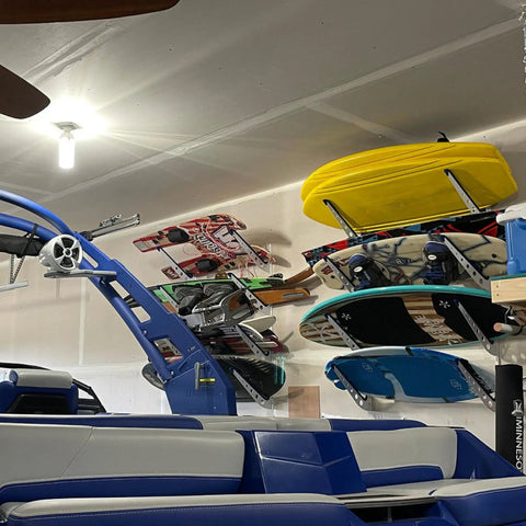 Four Level Wakeboard Wall Mount Rack For Garage And Boat House - Heavy Duty Wake Surf Board Rack, Water Ski Storage, Padded Arms