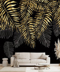 Epic 3D Cave Ocean Landscape Wall Mural For Bedroom And Living Room, large leaves design in gold and black background above sofa.