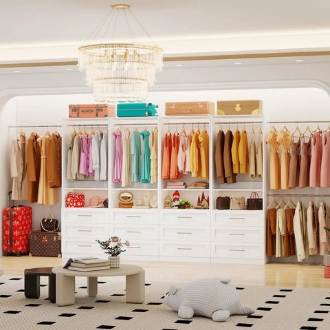 White Modular Walk In Closet Organizer With 12 Drawers 4 Shelves And 8 Hanging Rods Freestanding Storage Rack Expands To Twenty One Feet A Total Game Changer For Keeping Things Slick