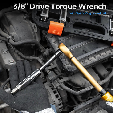 Beefy Pro Grade Magnetic Spark Plug Socket Kit With Three Eighth Inch Drive Torque Wrench Includes 14mm, 16mm, 18mm Sockets And Nine Sixteenth, Five Eighth, Three Fourth, Thirteen Sixteenth Inch Sockets, Swivel Joint, Five To Fifty Foot Pound Torque. 3/8 in drive socket and torque wrench in engine bay