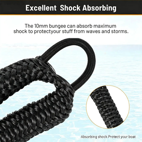 Close-up of Dock Line For Shore Docking With Bungee Mooring Rope Double Loop Ends for Kayak and Dinghy showing braided material.
