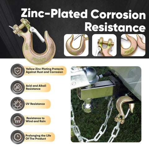 Zinc-plated 5/16 inch Grade 70 steel clevis slip hook with safety latch for trailer towing and winching.