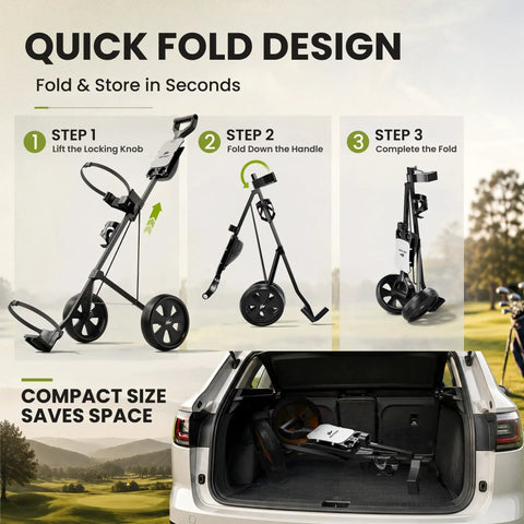 Quick Fold Design instructions for Top Shelf Two Wheel Golf Pull Cart Lightweight Foldable Push Cart Built From Heavy Duty Steel.