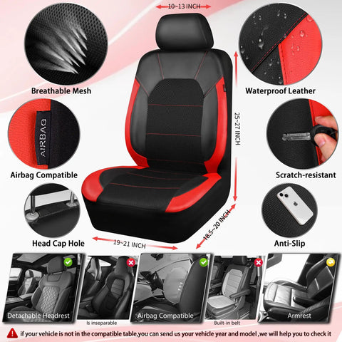 Leather Car Seat Covers Sport Edition Full 8 Piece Set Fits Most Cars, SUVs, Trucks And Vans Black Red Easy Install