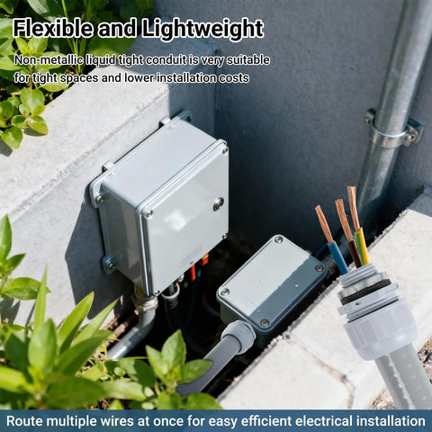 Heavy Duty 1/2 Inch 100 Ft Liquid Tight PVC Electrical Conduit Kit with junction boxes and wires in a tight space.