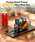 Mini RC Forklift Toy With App Control And Remote, 1:64 Alloy Crane With Liftable Forks next to a soda can for size comparison.