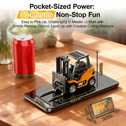 Mini RC Forklift Toy With App Control And Remote, 1:64 Alloy Crane With Liftable Forks next to a soda can for size comparison.