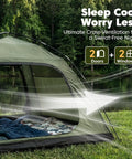 Go To Family Size Four Person Camping Tent with open door showing interior sleeping area and mesh ventilation on grassy landscape