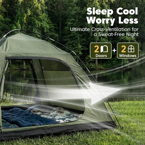 Go To Family Size Four Person Camping Tent with open door showing interior sleeping area and mesh ventilation on grassy landscape