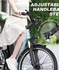 Woman adjusting handlebar on Electric Bike For Adults With 1000W Peak Motor And 20 MPH Top Speed City Cruiser Ebike With 48V Battery Up To 50 Mile Range 7 Speed Adjustable Stem UL 2849 Certified Ideal For Commuting And Weekend Cruising