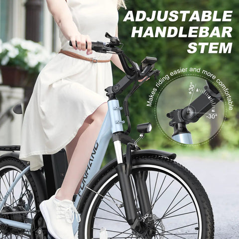 Woman adjusting handlebar on Electric Bike For Adults With 1000W Peak Motor And 20 MPH Top Speed City Cruiser Ebike With 48V Battery Up To 50 Mile Range 7 Speed Adjustable Stem UL 2849 Certified Ideal For Commuting And Weekend Cruising