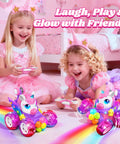 Girls playing with Glowing Crystal Wing Unicorn RC Car For Girls Pink Remote Control Stunt Car With 360 Degree Rotation.