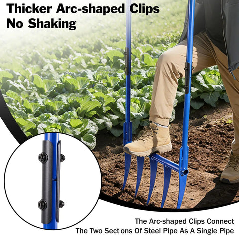 Person using Heavy Duty Broadfork 56 Inch Garden Tool With Unbreakable Build And Five 11 Inch Cambered Tines in soil.
