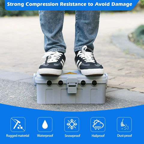Person standing on Large Outdoor Electrical Box With IP54 Weatherproof Cover 8 Cable Ports, demonstrating durability.